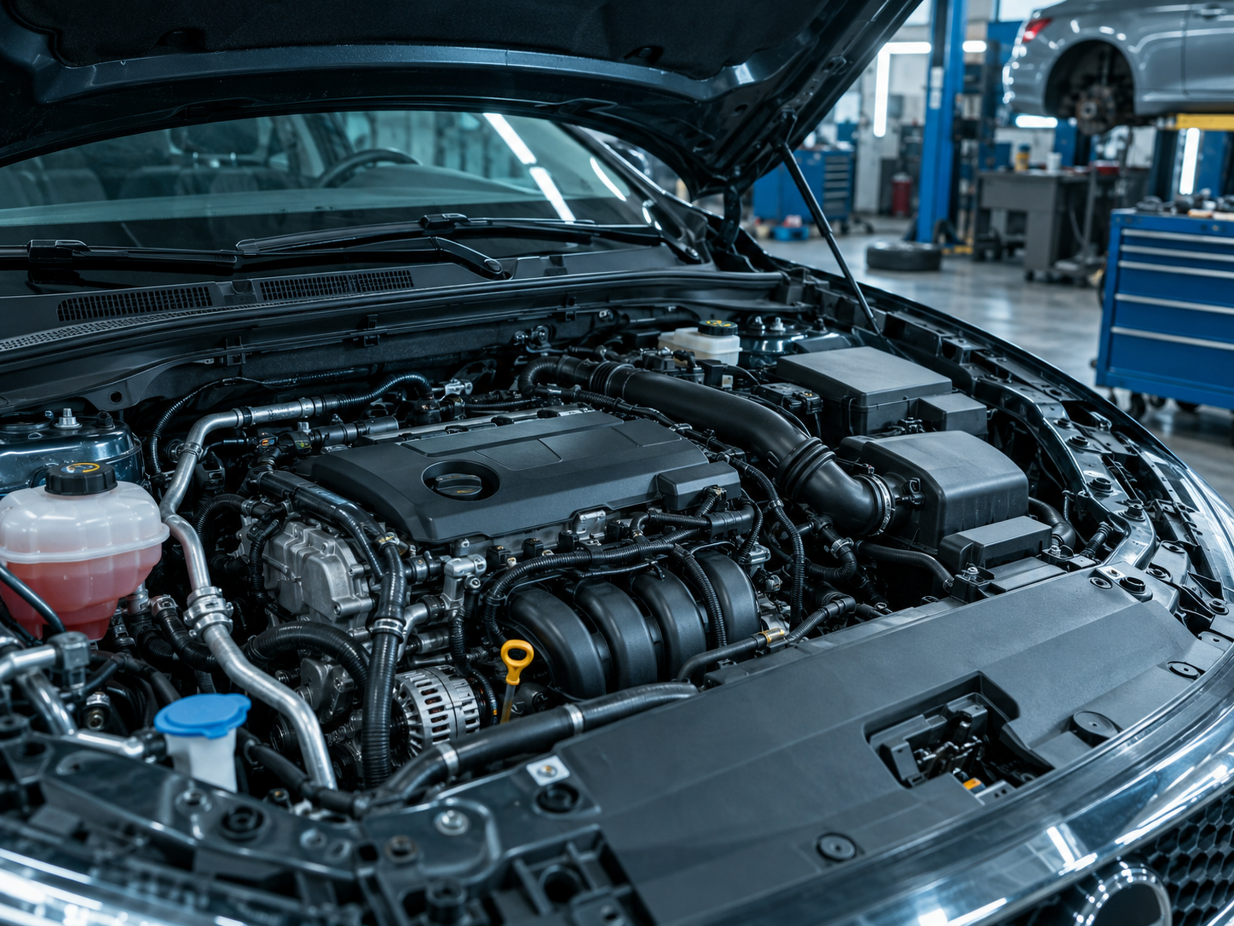 moteur ouvert sous éclairage froid, plan technique en fond